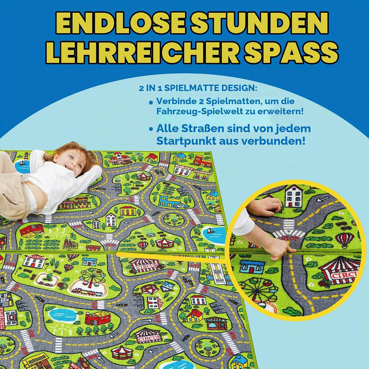 2 Teppich Kinderzimmer 80x150cm (Gesamt 160x150cm) für Kinder ab 3 Jahren, Spielteppich Strasse Kind