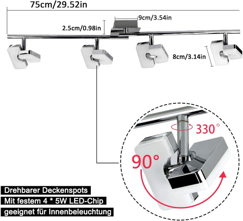 PADMA Led Deckenlampe Küche Modern Deckenleuchte Wohnzimmer Warmweiss 4 x 5W schwenkbar 3000K 1600 L