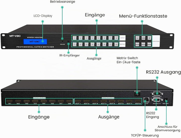 MT-VIKI 4K HDMI Matrix Switch 8x8 mit Web-Control Rackmount Splitter und Switch IR-Fernbedienung RS-