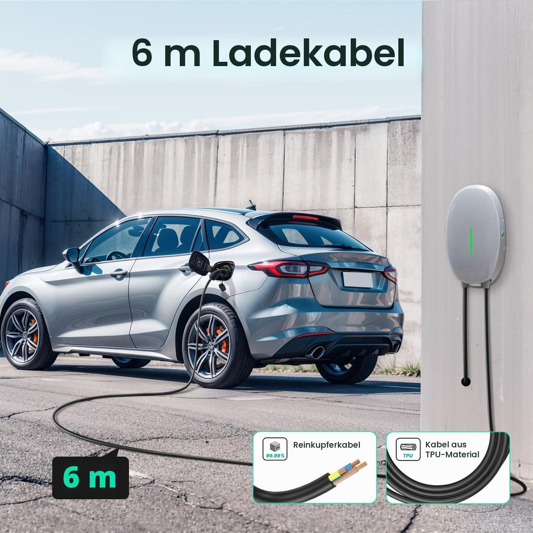 EV Ladegerät Wandhalterung mit 7kW Typ 2, 32A Einphasiges Heim Ladestation Wallbox, 6m Ladekabel und