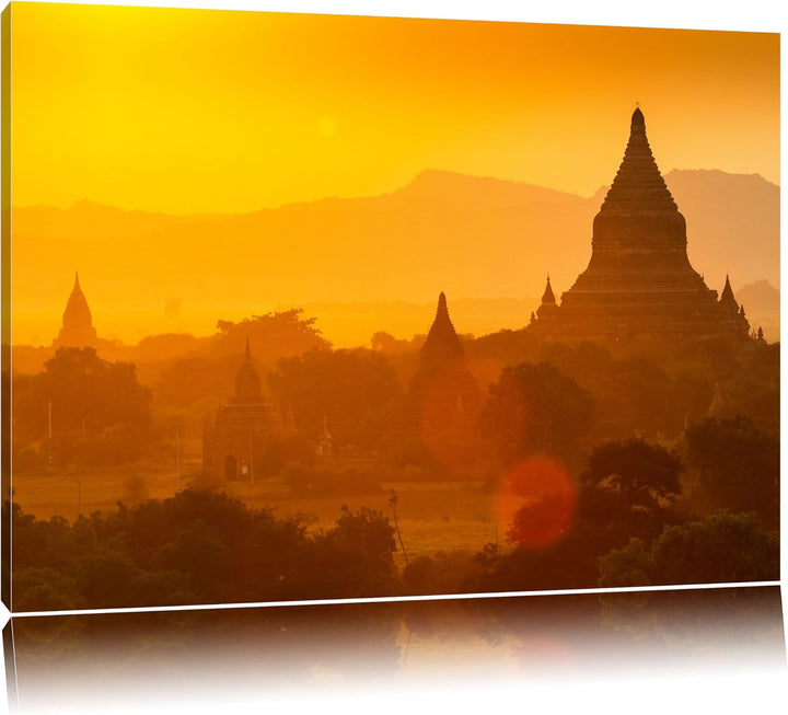 Buddha Tempel im Sonnenuntergang Format: 100x70 auf Leinwand, XXL riesige Bilder fertig gerahmt mit