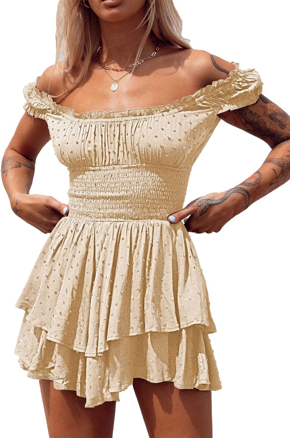 Viottiset Damen Rüschen Shorts Strampler Schulterfrei Swiss Dot Sommer Overalls S Aprikose, S Apriko