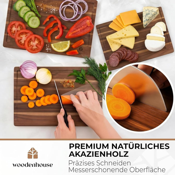 Akazienholz Schneidebrett Set Mit Ständer, 3er Set - Premium Akazienholz, Langlebig Holzbrett Küche