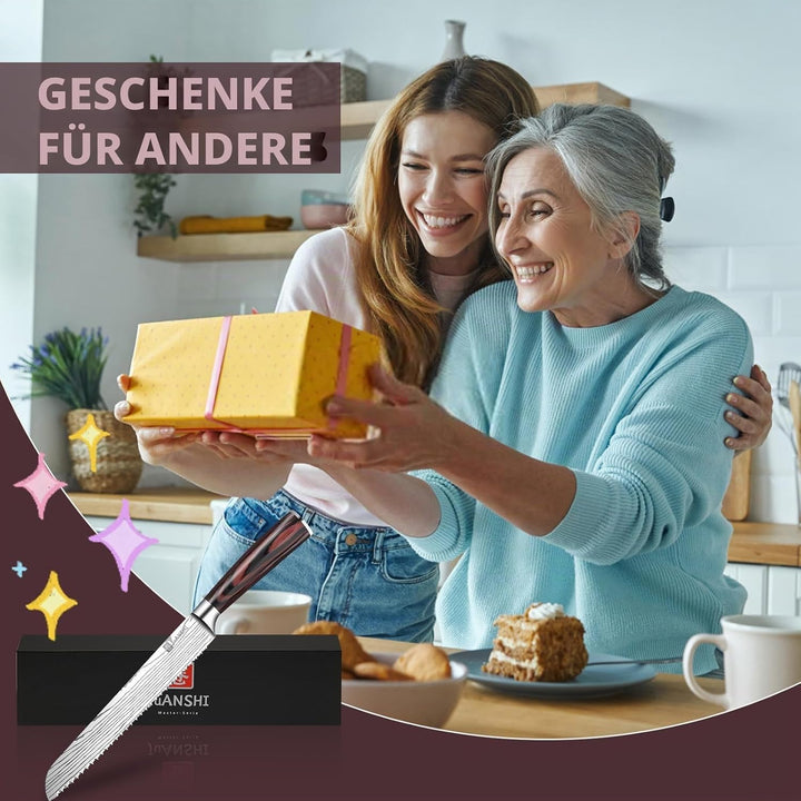 JUANSHI® Brotmesser mit Wellenschliff 20 cm, Asiatisches Küchenmesser aus Carbon-Edelstahl, Extrem S