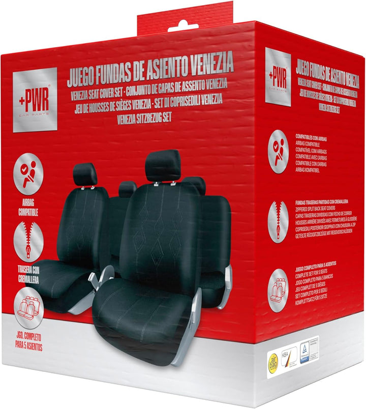 Satz Universal-Sitzbezüge Venezia Schwarz. Airbag-kompatibel, geteilter Rückenreissverschluss. Kompl