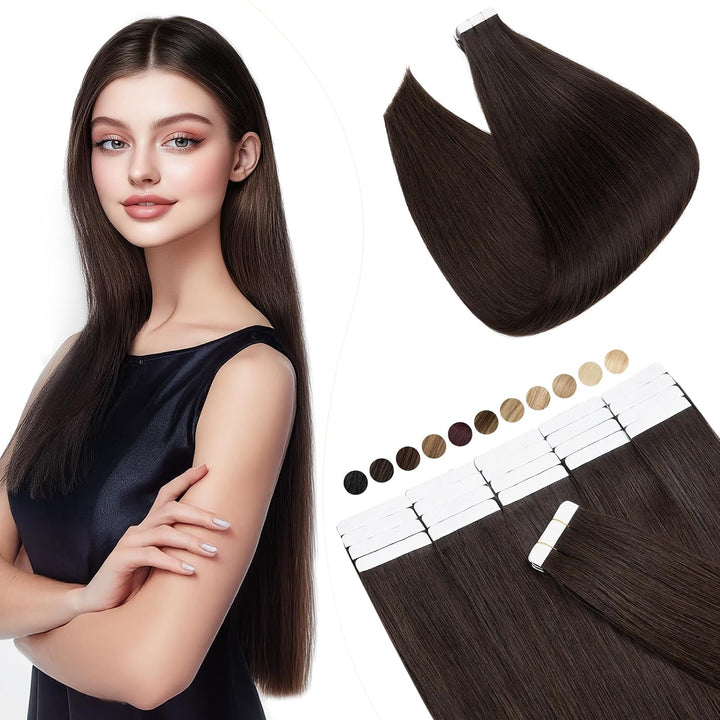 Elailite Extensions Echthaar Tape #2 Dunkelbraun, 20 Stück/Packung Real Human Hair, 35cm Indian Haar