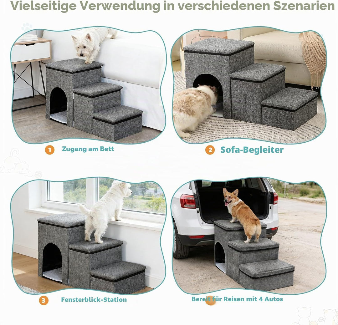 Hundetreppe für Kleine Hunde 3 Stufen - Haustiertreppe mit Stauraum - Breite Dog Stairs Faltbare mit