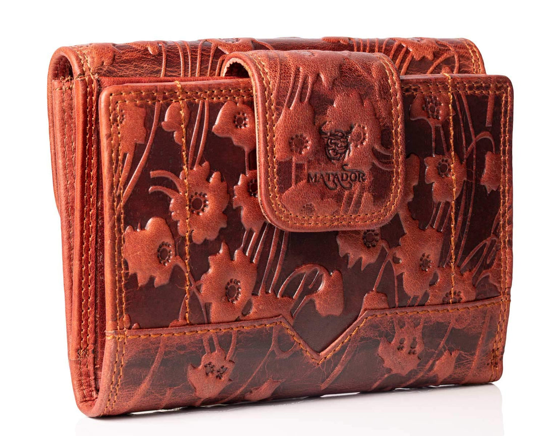 MATADOR Echt Leder Damen Geldbörse RFID & NFC Schutz Blumen Vintage Braun Printed Braun, Printed Bra
