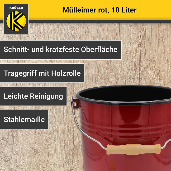 KRÜGER Mülleimer mit Deckel - Stahl Abfalleimer mit Emaille-Beschichtung und Holzgriff - schnitt- un