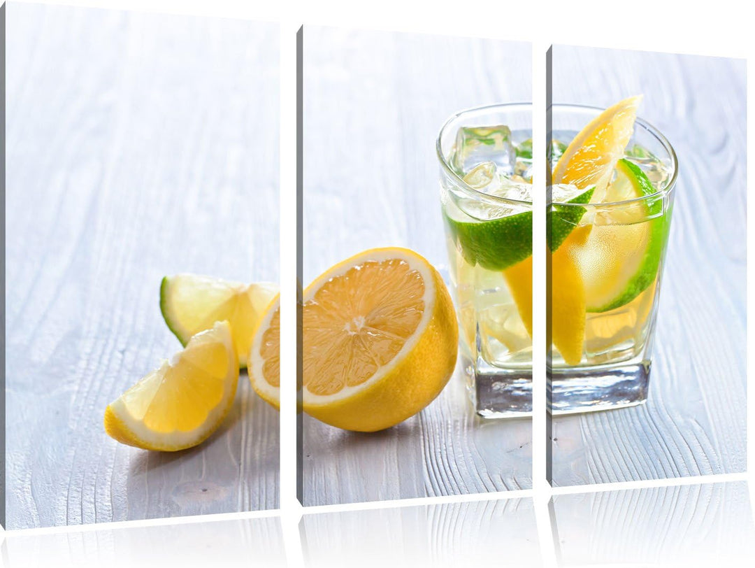 Pixxprint Gin Tonic Shot mit Zitronen als Leinwandbild/Grösse: 3 Teilig (120x80 cm) cm/Wandbild/Kuns