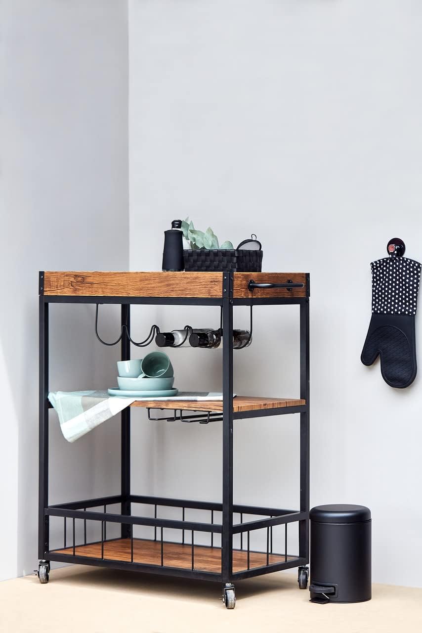 WENKO Küchenwagen Rustico, 3 Etagen, vielseitiger Servierwagen mit 4 Rollen, Kücheninsel mit Weingla