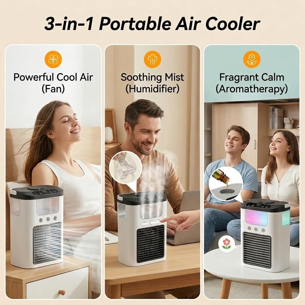 Tragbarer Luftkühler Ventilator, Mini Klimaanlage mit 3 Geschwindigkeiten & 3 Sprühmodi, 600ml Wasse