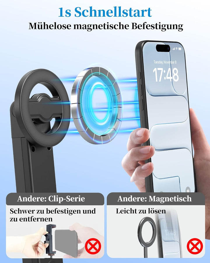 PlusAcc 184cm Auto Face Tracking Stativ – Magnetischer Selfie Stick für iPhone, 360° Drehung Halter