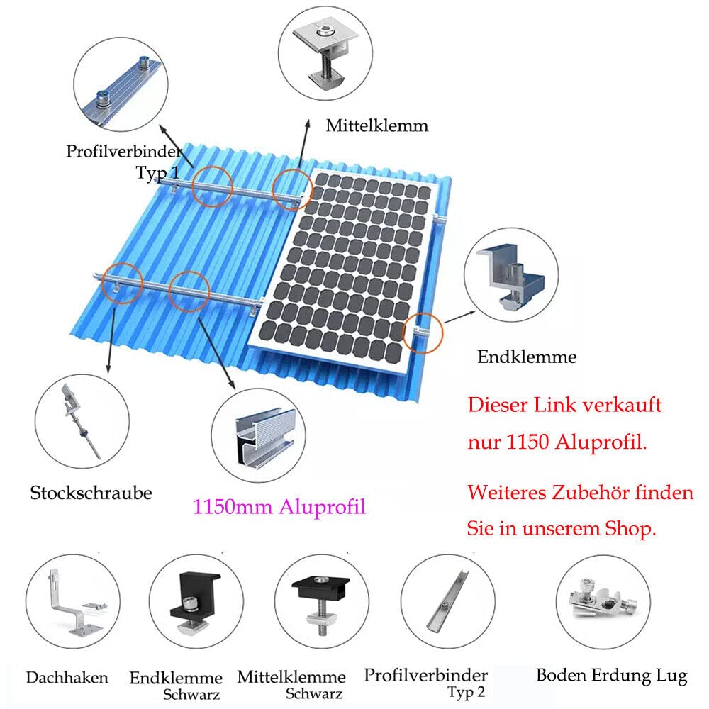Photovoltaik Schiene 1150mm, 6PCS Aluprofil Solar Ziegeldach/Blechdach/Bitumendach/Metalldach Montag