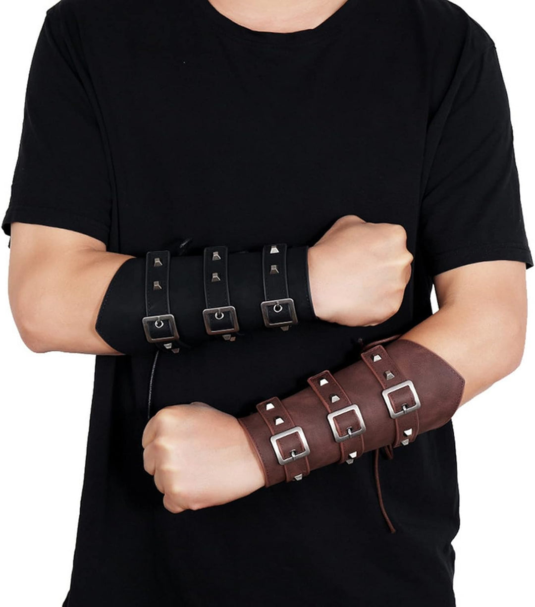 Thajaling 2 Stück Mittelalterliche Leder Armschützer, Punk Gothic Lederarmschienen, Vintage LARP Arm