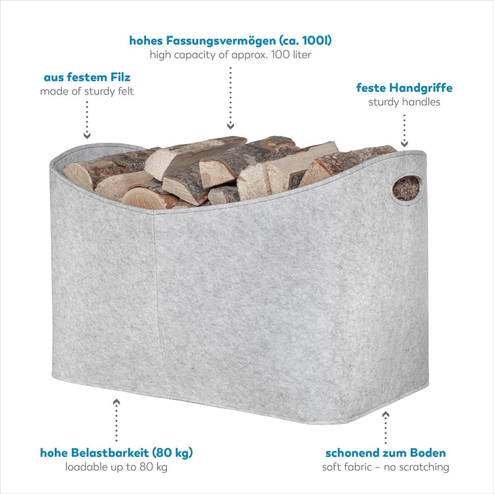 Rubberneck Kaminholztasche Gross 3XL - Filz Aufbewahrungtasche für Kaminholz, Zeitungen - Masse 63 x