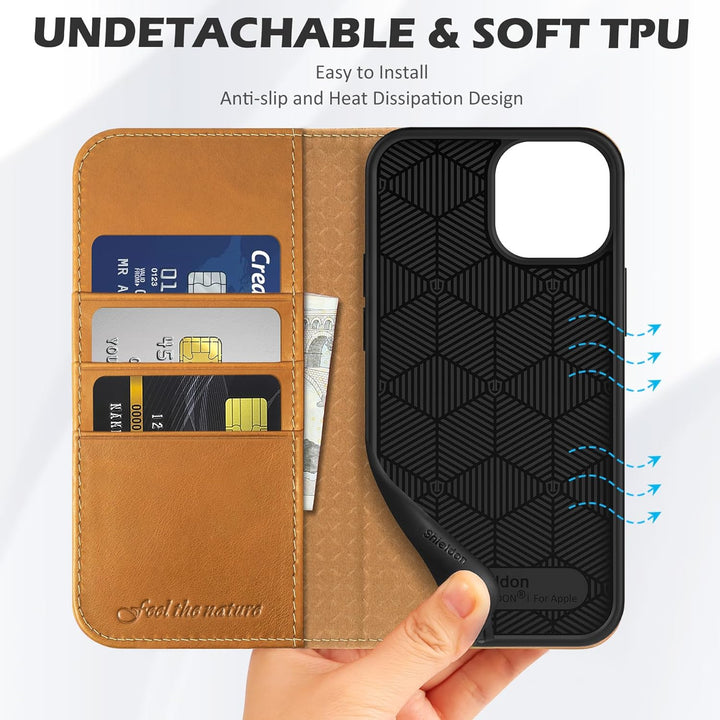 SHIELDON Hülle für iPhone 13 Mini, Schutzhülle [Rindsleder] [Stossfest] [Kartenfächer] [Magnetversch