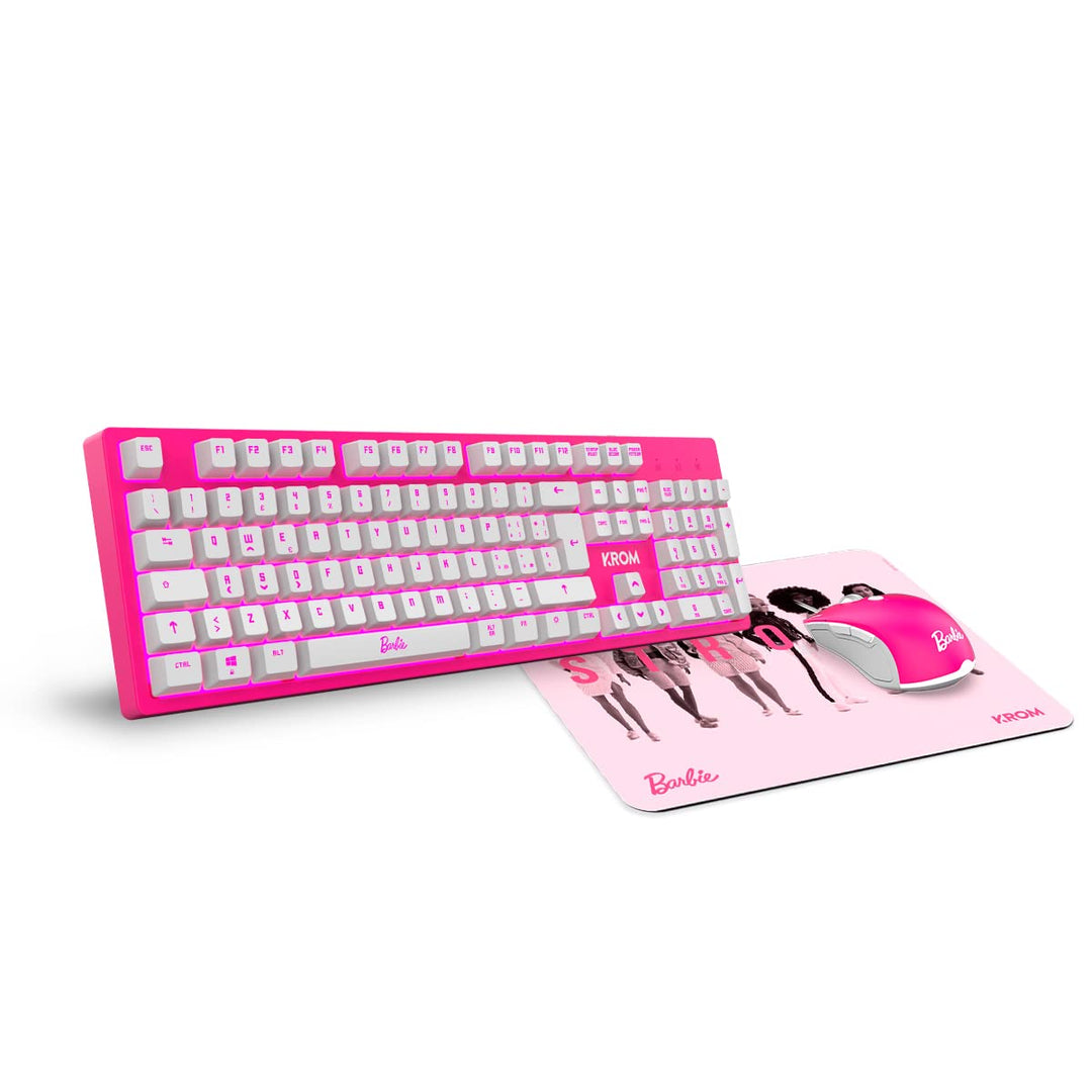 KROM Maus und -Mausunterlage Barbie Edition Kandy - Weisse LED-Membrantastatur, Maus optischem Senso