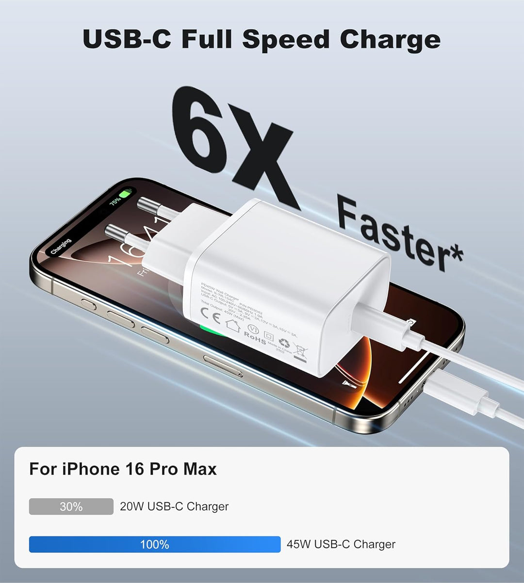 45W USB C Ladegerät Ladekabel for iPhone 17 16 15/17 16 15 Pro/17 16 15 Pro Max/17 Air/16 15 Plus/iP