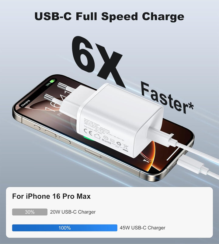 45W USB C Ladegerät Ladekabel for iPhone 17 16 15/17 16 15 Pro/17 16 15 Pro Max/17 Air/16 15 Plus/iP