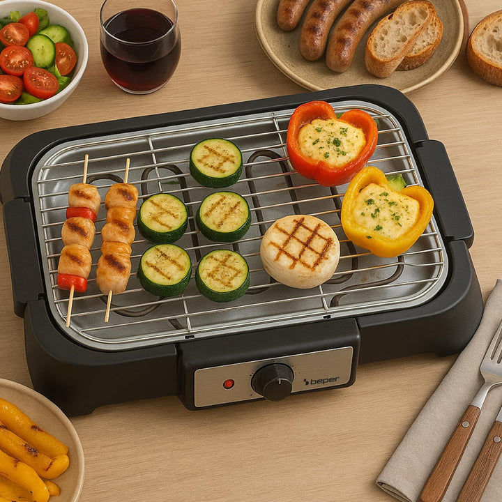 BEPER P101BBQ001 2000W Elektrogrill, XXL-Grillfläche (41,5 x 24 cm), rauchfreies Grillen, zwei Grill