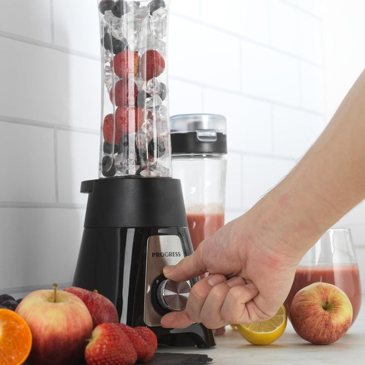 Progress kompakter Smoothie-Mixer, elektrischer Standmixer, ideal für Shakes, Säfte, 2 tragbare Spor