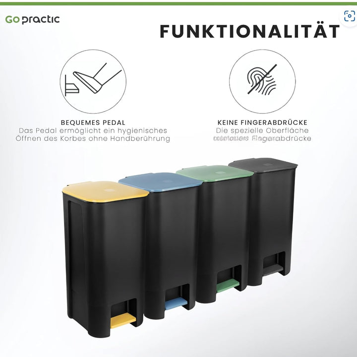 Treteimer Set 4x 40L, Tretmülleimer mit Pedal, Gelb, Grün, Blau, Schwarz Mülleimer, Mülltrennsystem