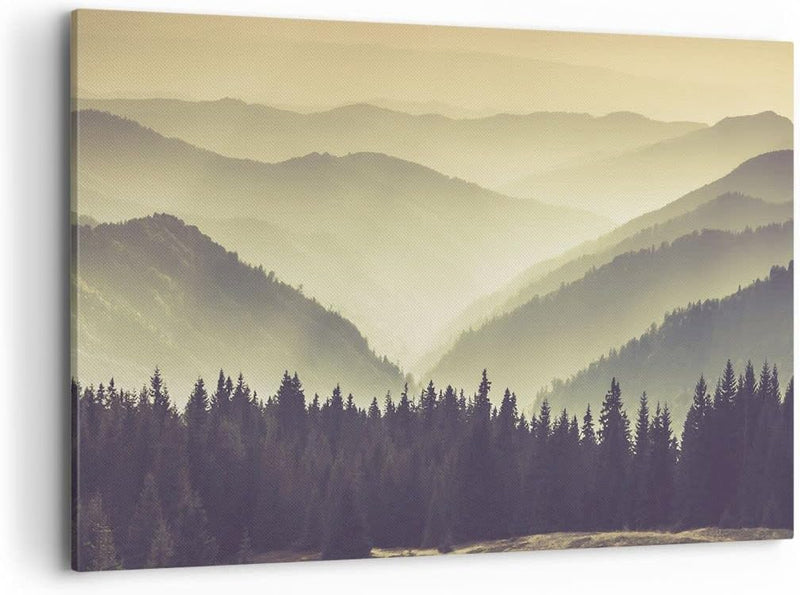 Bilder auf Leinwand 100x70cm Leinwandbild mit Rahmen Berge Wald Natur Gross Wanddeko Bild Schlafzimm