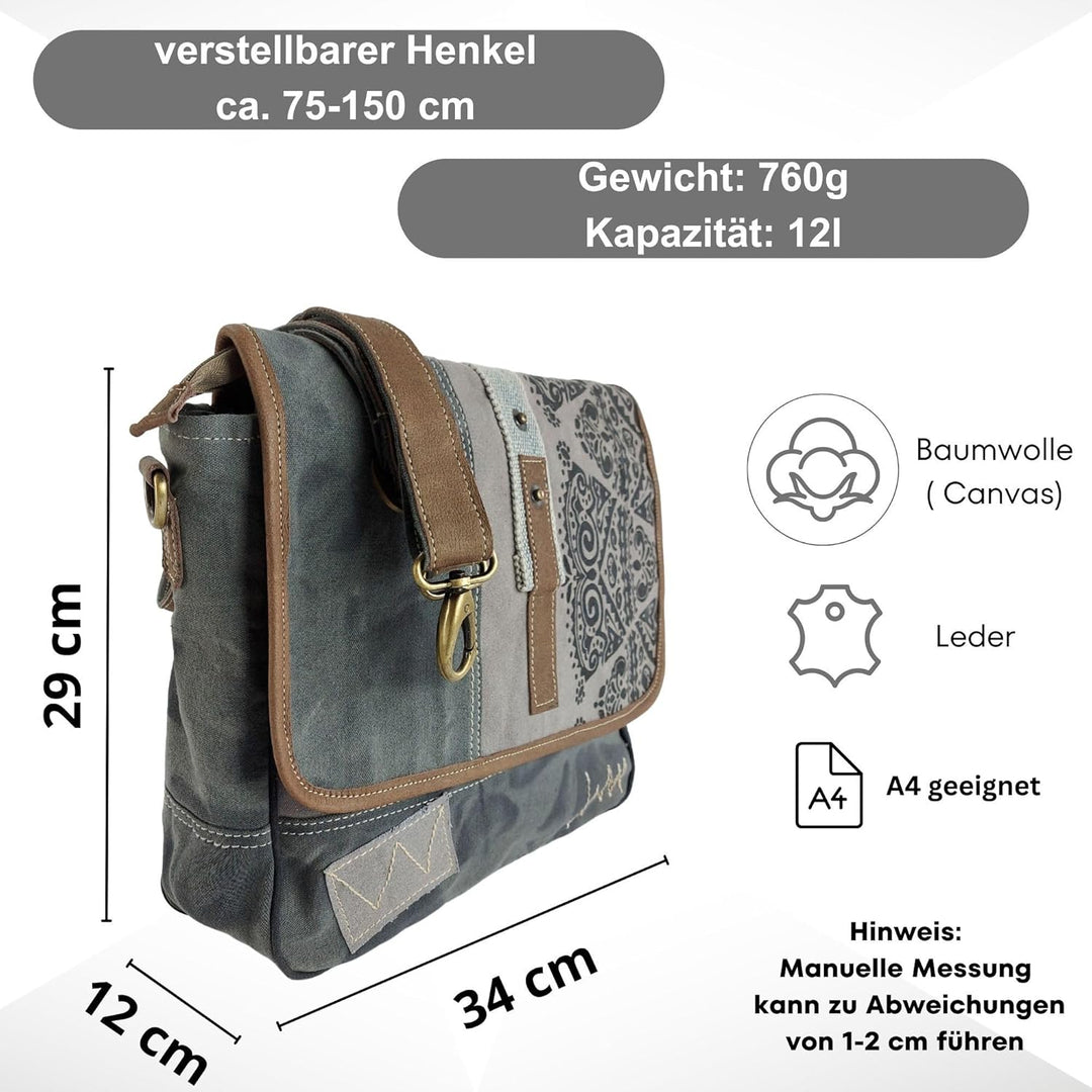 Sunsa Damen Umhängetasche/Messenger Tasche aus grauem Canvas. Grosse Crossbody Bag Geschenkideen für