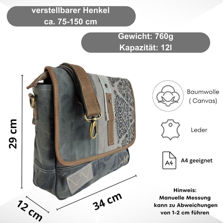 Sunsa Damen Umhängetasche/Messenger Tasche aus grauem Canvas. Grosse Crossbody Bag Geschenkideen für