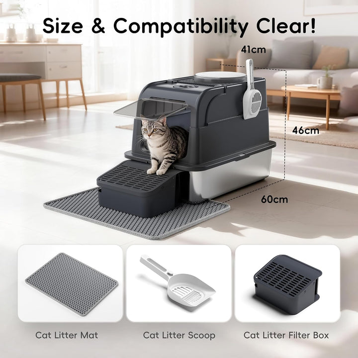 PAKEWAY Grosse Katzentoilette Edelstahl, XXL 3-in-1 Geschlossen &amp; Offen, Mit Klappdeckel &amp; Anti-Trac