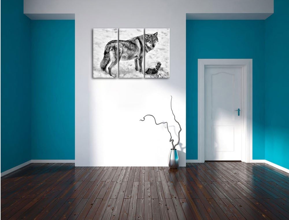 Pixxprint Monocrome, prächtiger Wolf im Schnee 3-Teiler Leinwandbild 120x80 Bild auf Leinwand