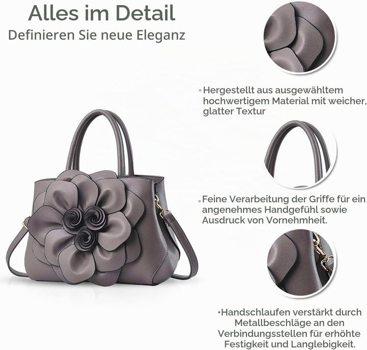 NICOLE &amp; DORIS Modische Damen-Umhängetasche, Handtasche, Umhängetasche, Blumenmotiv Grau, Grau