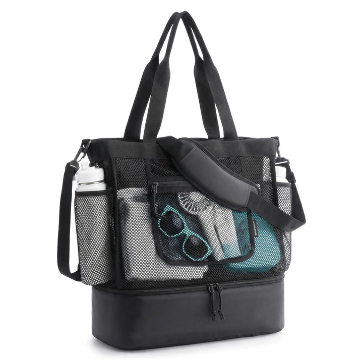 Strandtasche mit Kühlfach - Grosse Mesh Beach Bag wasserdicht mit Reissverschluss &amp; Fächern, Abnehmb