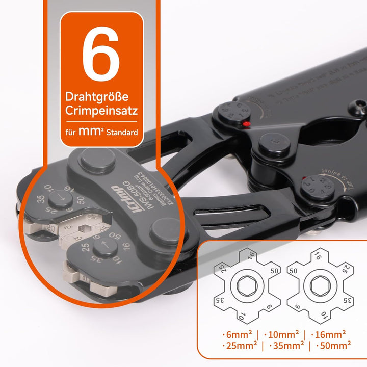 iCrimp Batteriekabelschuh Crimpzange 6–50 mm² mit Schnellwechselbacken | Kabelschuh Crimpzange mit e