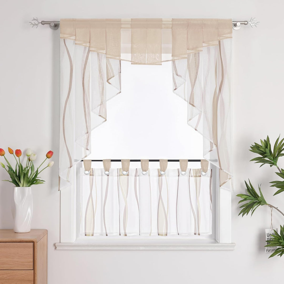 HongYa Tunnelzug Scheibengardine transparenter Voile Kurzgardine für Kleinfenster H/B 145/140 cm Cre