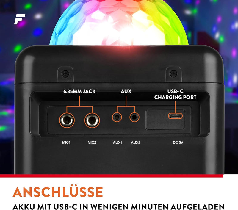 Fenton KAR15B Mobile Karaoke Maschine Kinder mit 2 Mikrofonen, Bluetooth, Akku, LED-Lichteffekte, Ec