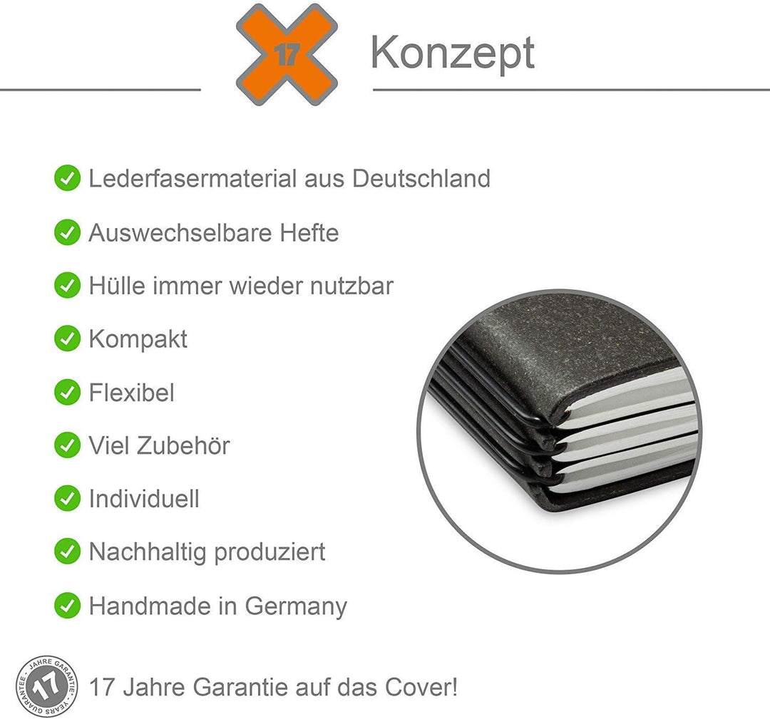 X17 Notizbuch A5+ Querformat, türkis/grün; aus recyceltem Leder. Austauschbare Notizhefte (blanko,ka