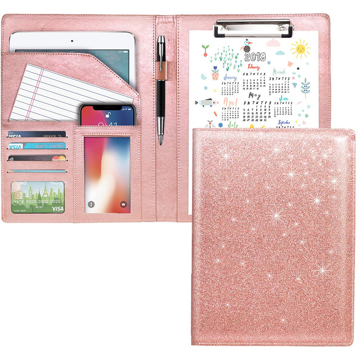 Padfolio/Resume-Portfolio-Ordner, glitzernd, rosa für Damen, WAVEYU niedliches rosa Padfolio-Einband