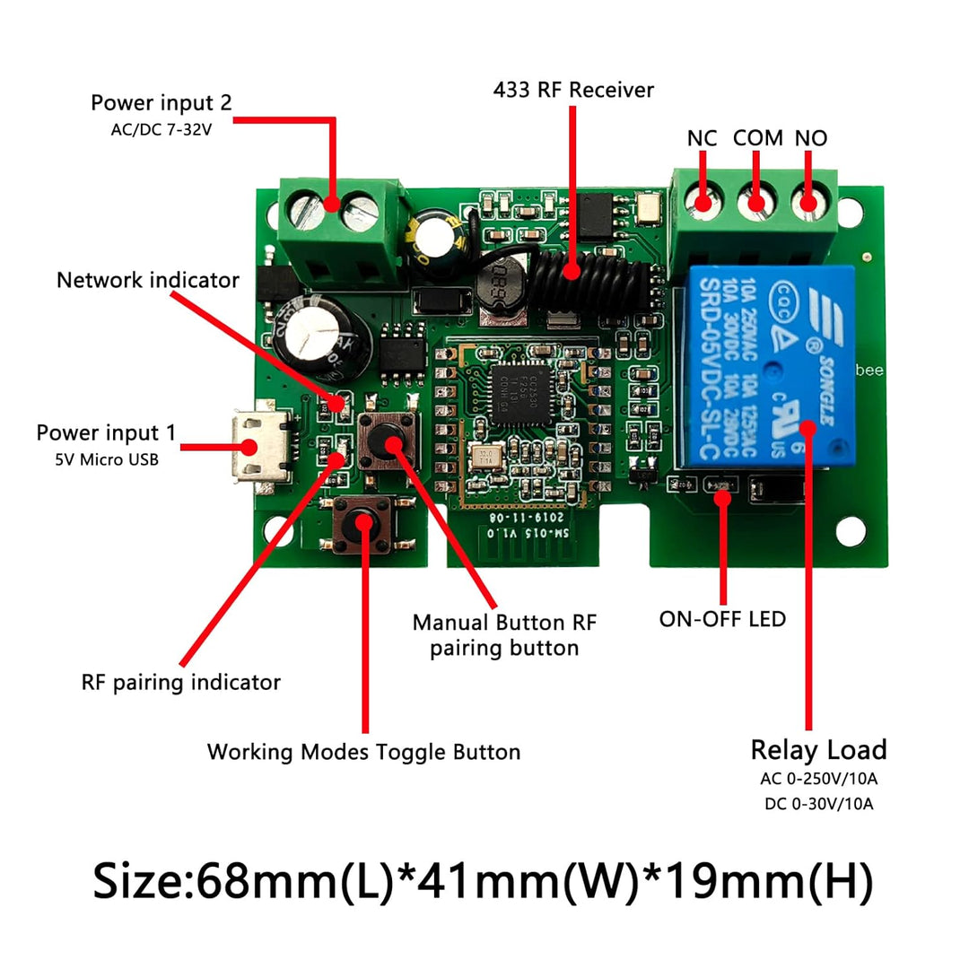 Jane Eyre Zigbee Tuya Smart 1 Kanal Smart Relais mit 433 RF Fernbedienung, USB5V DC7-32V augenblickl