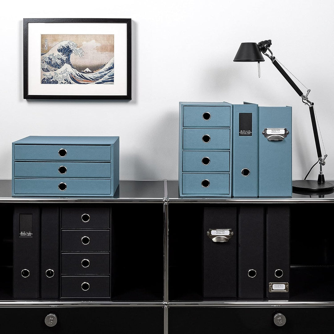 Rössler 1524452153 - S.O.H.O. 3er Schubladenbox für DIN A4, mit Griffloch, Denim, 343 x 250 x 185 mm