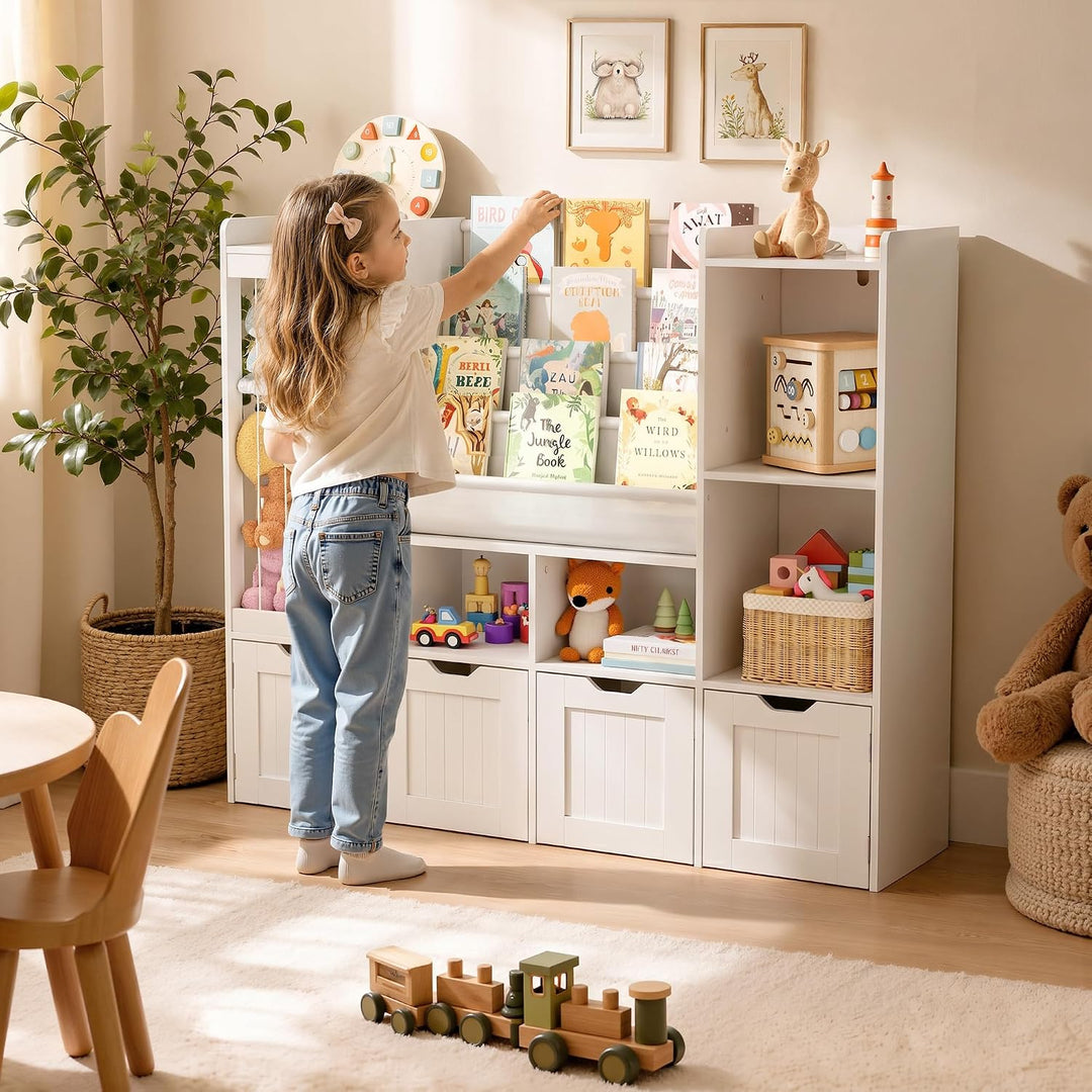 Pamapic Kinderregal, Bücherregal Kinder mit Kuscheltier Aufbewahrung, 2 Herausnehmbare Schubladen, S