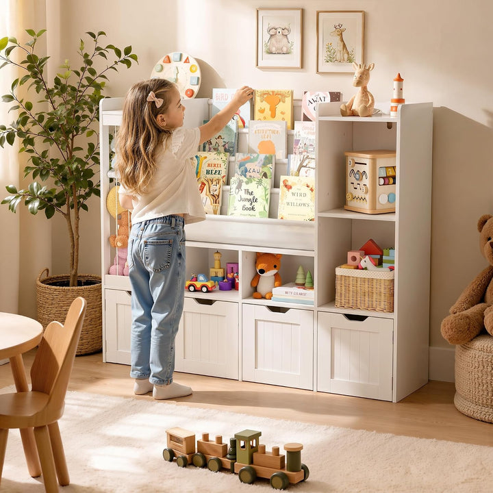 Pamapic Kinderregal, Bücherregal Kinder mit Kuscheltier Aufbewahrung, 2 Herausnehmbare Schubladen, S