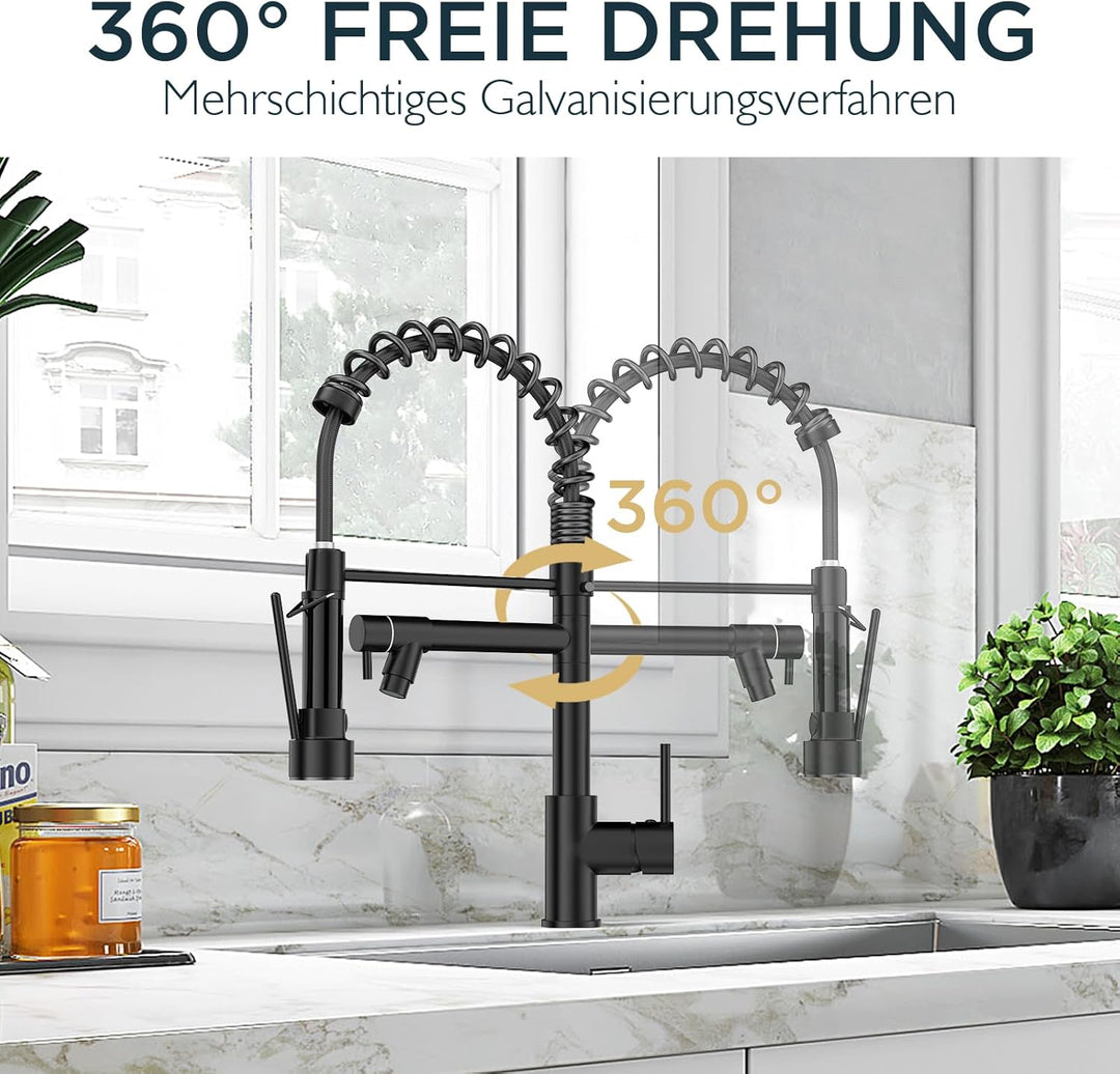 FORIOUS Wasserhahn Küche Schwarz,Edelstahl-Küchenarmatur Spülarmaturen Küche, Zweigriff-Mischbatteri