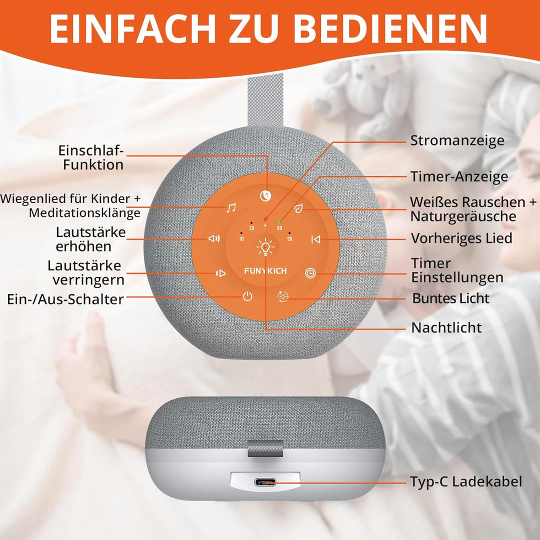 FUNYKICH White Noise Machine Baby, Weisses Rauschen Gerät mit Wireless Lautsprecher, 30 Klänge, 7 Bu