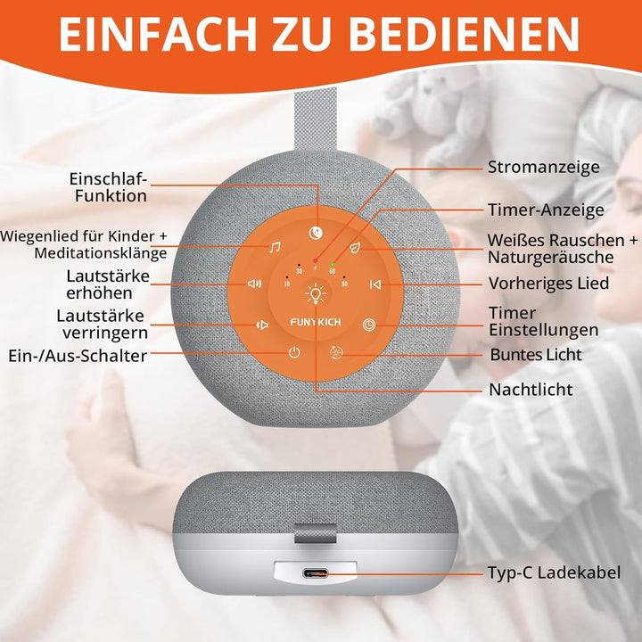FUNYKICH White Noise Machine Baby, Weisses Rauschen Gerät mit Wireless Lautsprecher, 30 Klänge, 7 Bu