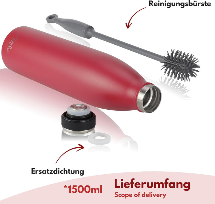 Milu Edelstahl Trinkflasche 350ml, 500ml, 750ml, 1000ml, 1.5L – Thermosflasche, Isolierte Wasserflas