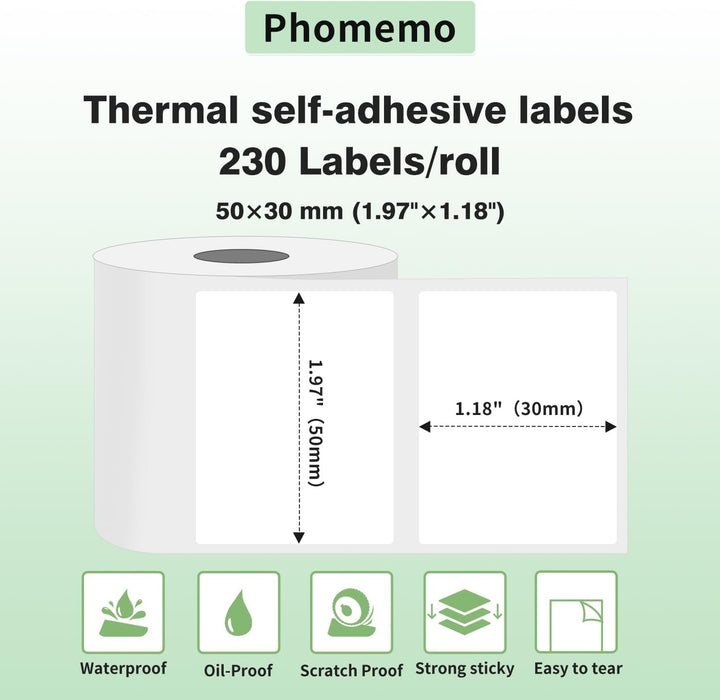 Phomemo 6 Rollen M110 Etikett, 6 Rollen M110/M110S/M120/M200/M220/M221 Thermopapier – 50 x 30 mm Eti