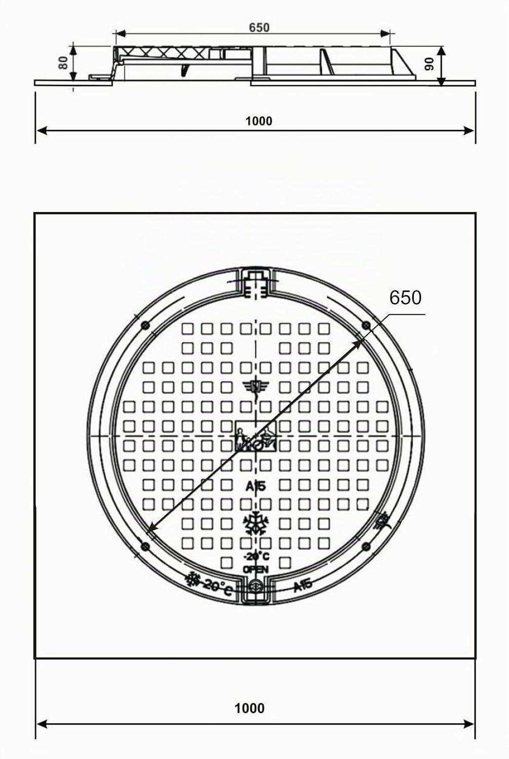 Varile 1000mm XL Quadratische Schachtabdeckung aus Kunststoff DN600 - DN1200, Schachtdeckel (100x100