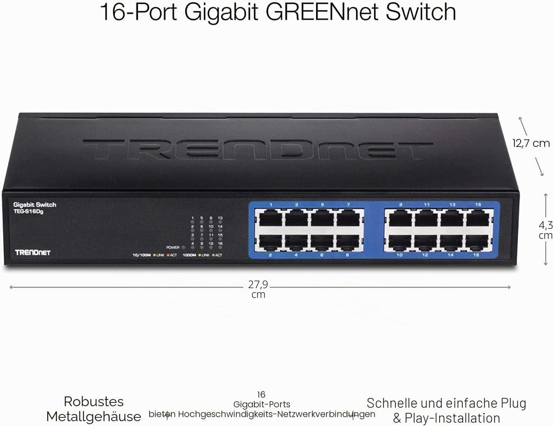 TRENDnet TEG-S16DG 16-Port Unverwalteter Gigabit GREENnet Desktop Metall Switch, Lüfterlos, 16x RJ-4